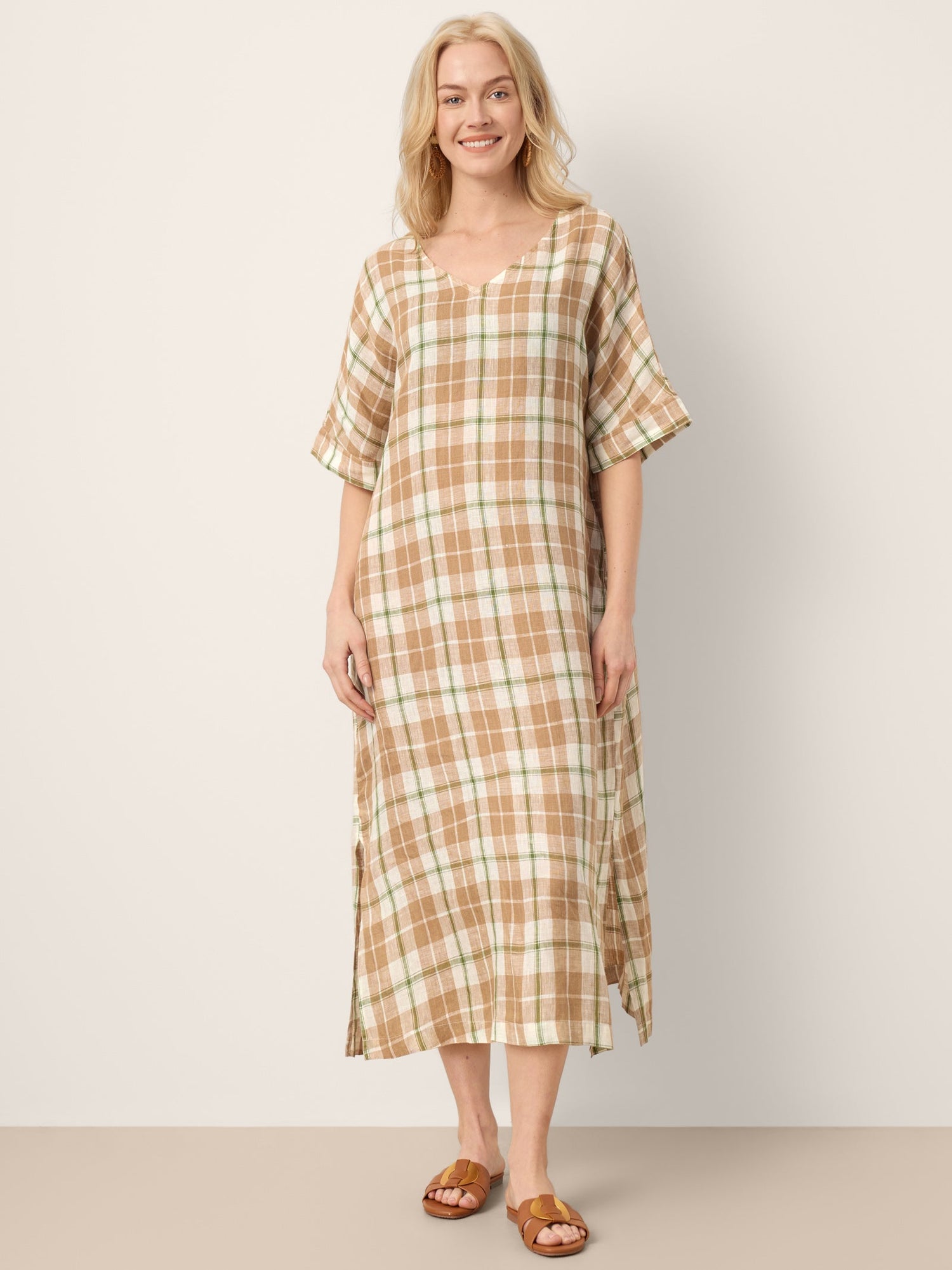100% Linen Plaid Deep V-Neck Drop Shoulder Side Slit Maxi Dress LESLIE - Glamourous Grace