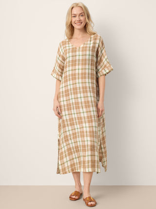 100% Linen Plaid Deep V-Neck Drop Shoulder Side Slit Maxi Dress LESLIE - Glamourous Grace