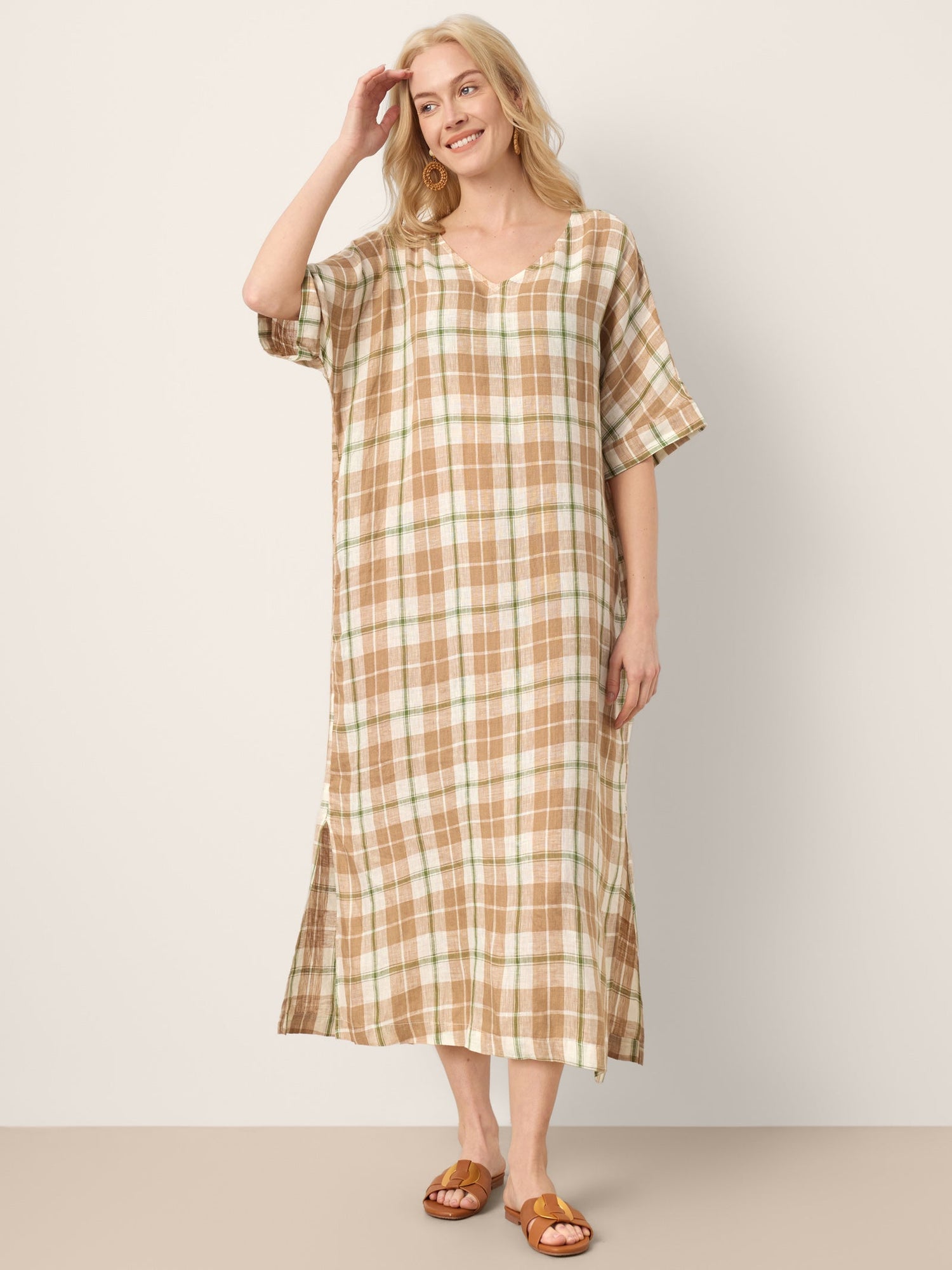 100% Linen Plaid Deep V-Neck Drop Shoulder Side Slit Maxi Dress LESLIE - Glamourous Grace
