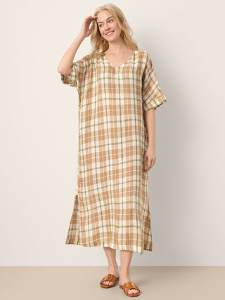 100% Linen Plaid Deep V-Neck Drop Shoulder Side Slit Maxi Dress LESLIE - Glamourous Grace