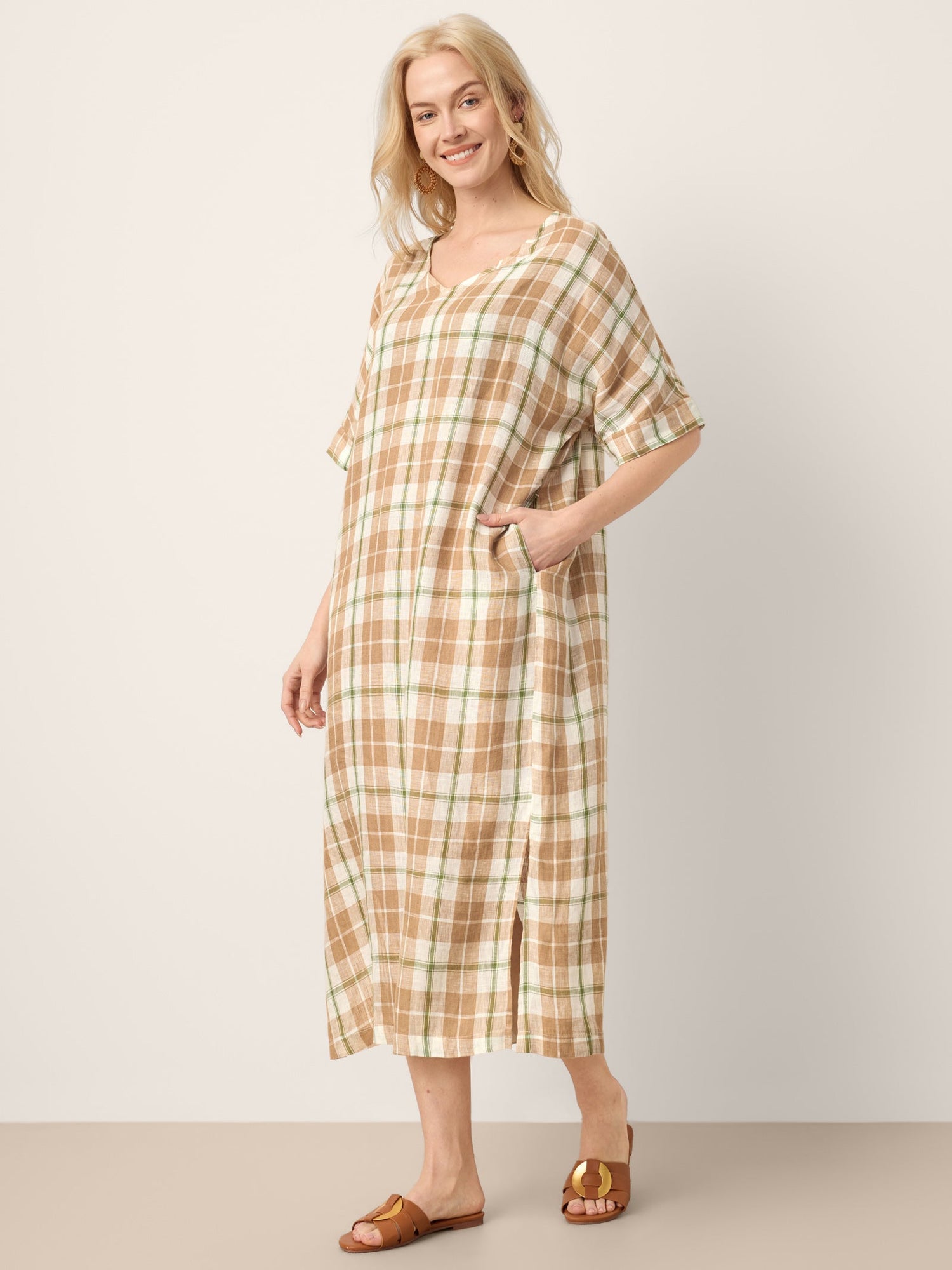100% Linen Plaid Deep V-Neck Drop Shoulder Side Slit Maxi Dress LESLIE - Glamourous Grace