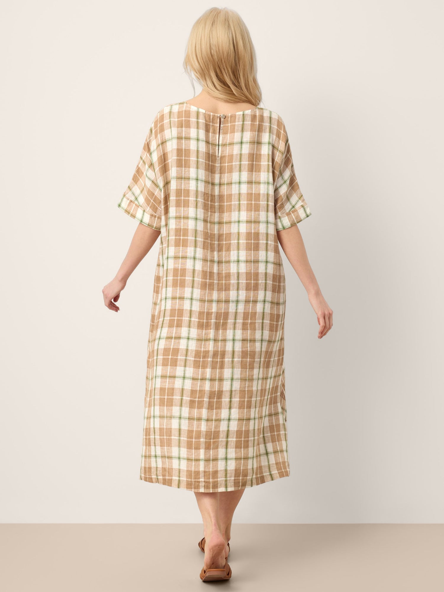 100% Linen Plaid Deep V-Neck Drop Shoulder Side Slit Maxi Dress LESLIE - Glamourous Grace