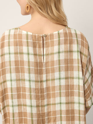 100% Linen Plaid Deep V-Neck Drop Shoulder Side Slit Maxi Dress LESLIE - Glamourous Grace