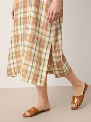 100% Linen Plaid Deep V-Neck Drop Shoulder Side Slit Maxi Dress LESLIE - Glamourous Grace