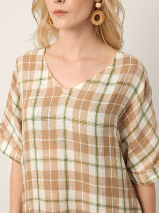 100% Linen Plaid Deep V-Neck Drop Shoulder Side Slit Maxi Dress LESLIE - Glamourous Grace