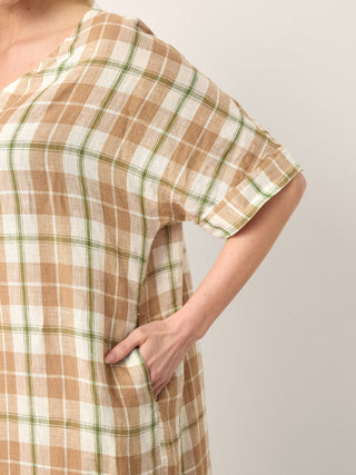100% Linen Plaid Deep V-Neck Drop Shoulder Side Slit Maxi Dress LESLIE - Glamourous Grace