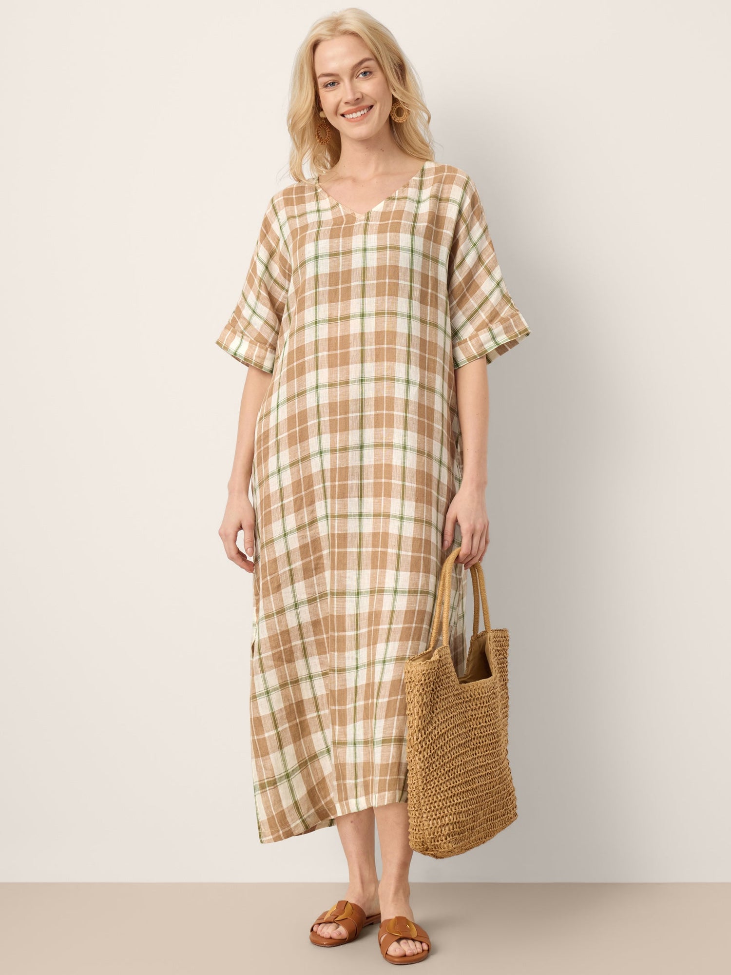 100% Linen Plaid Deep V-Neck Drop Shoulder Side Slit Maxi Dress LESLIE - Glamourous Grace