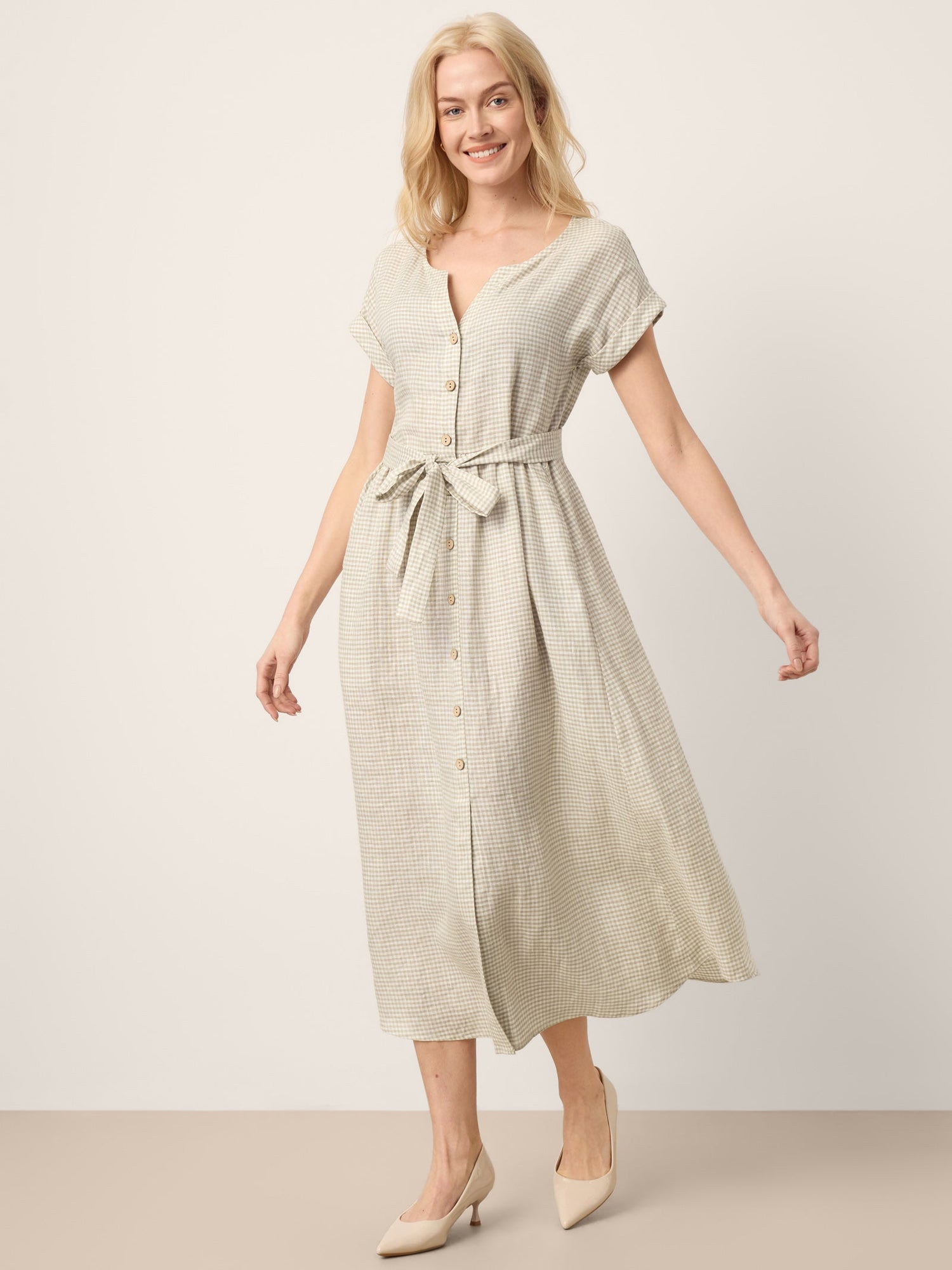 100% Linen Plaid Detachable Tie-Belt Button-Front Maxi Dress LARISSA - Glamourous Grace