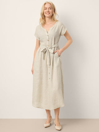 100% Linen Plaid Detachable Tie-Belt Button-Front Maxi Dress LARISSA - Glamourous Grace