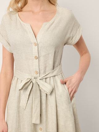 100% Linen Plaid Detachable Tie-Belt Button-Front Maxi Dress LARISSA - Glamourous Grace