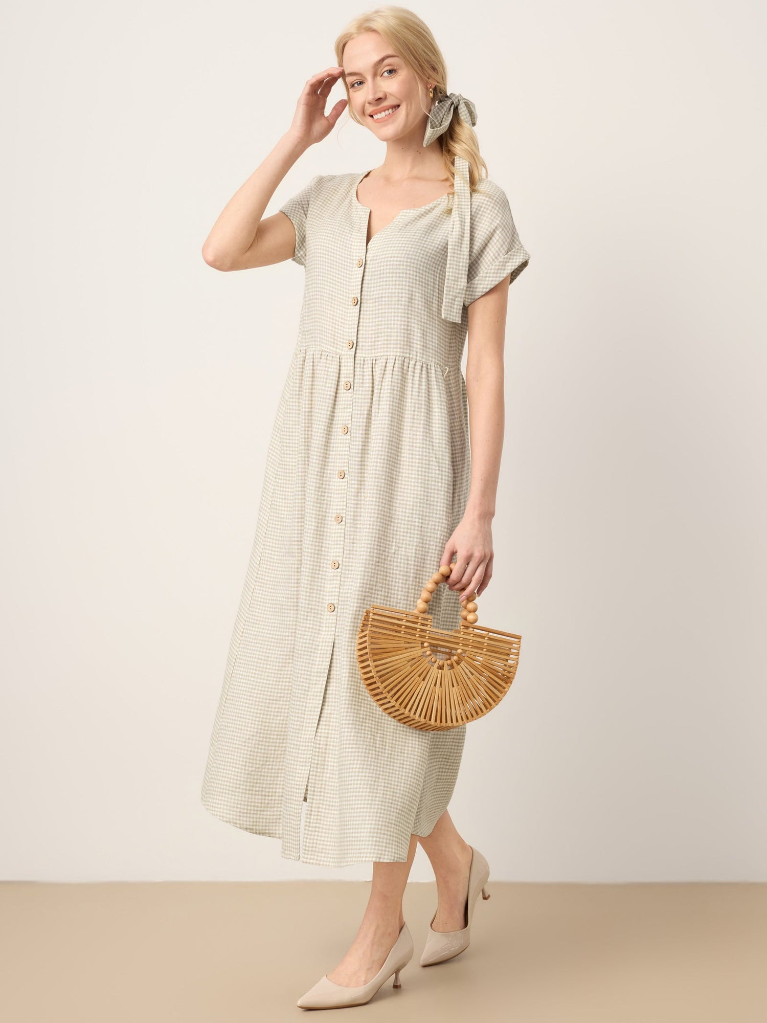 100% Linen Plaid Detachable Tie-Belt Button-Front Maxi Dress LARISSA - Glamourous Grace