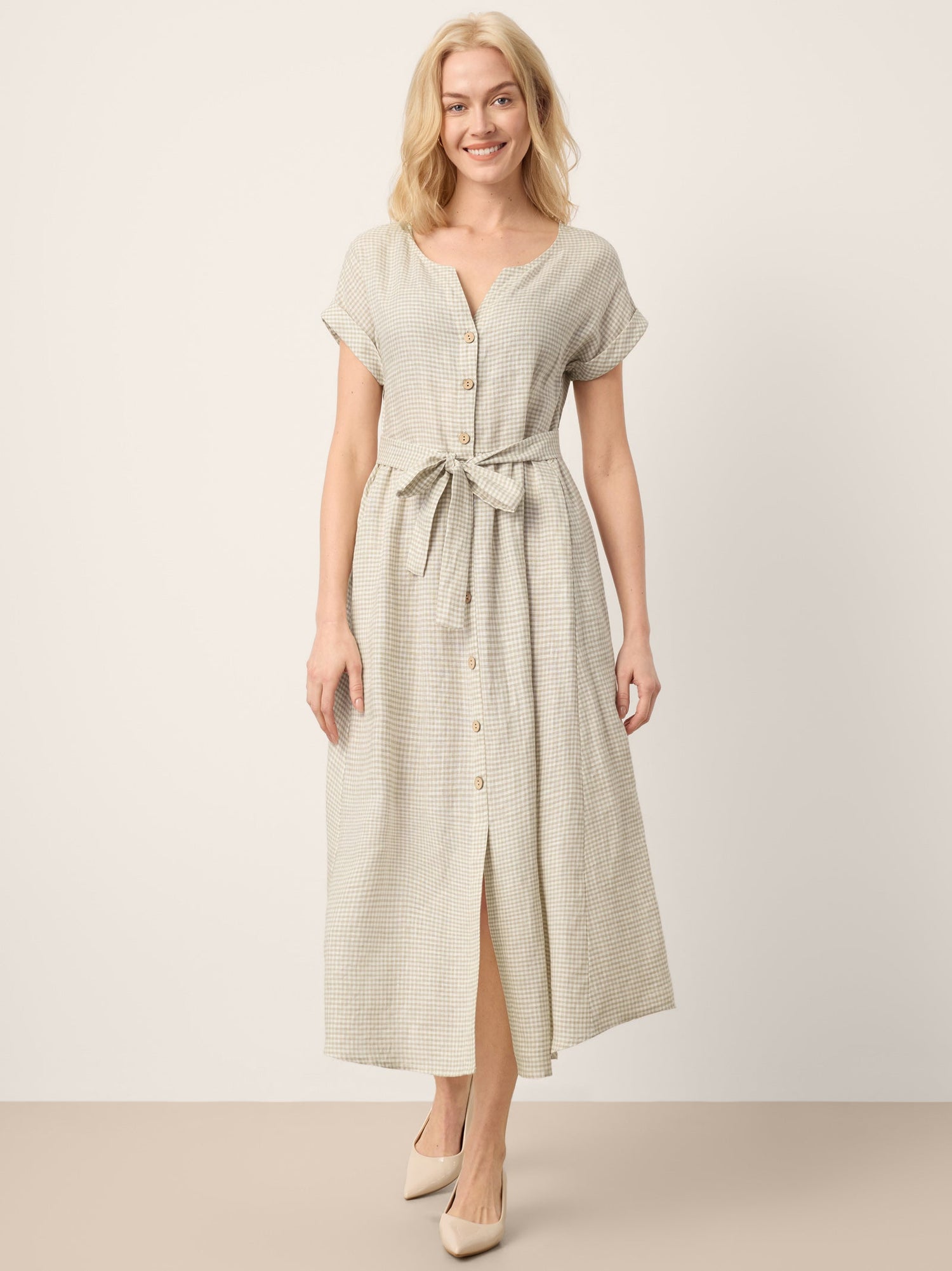 100% Linen Plaid Detachable Tie-Belt Button-Front Maxi Dress LARISSA - Glamourous Grace