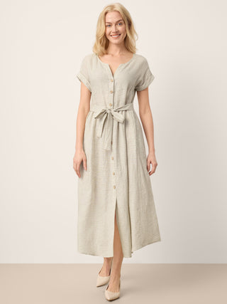 100% Linen Plaid Detachable Tie-Belt Button-Front Maxi Dress LARISSA - Glamourous Grace