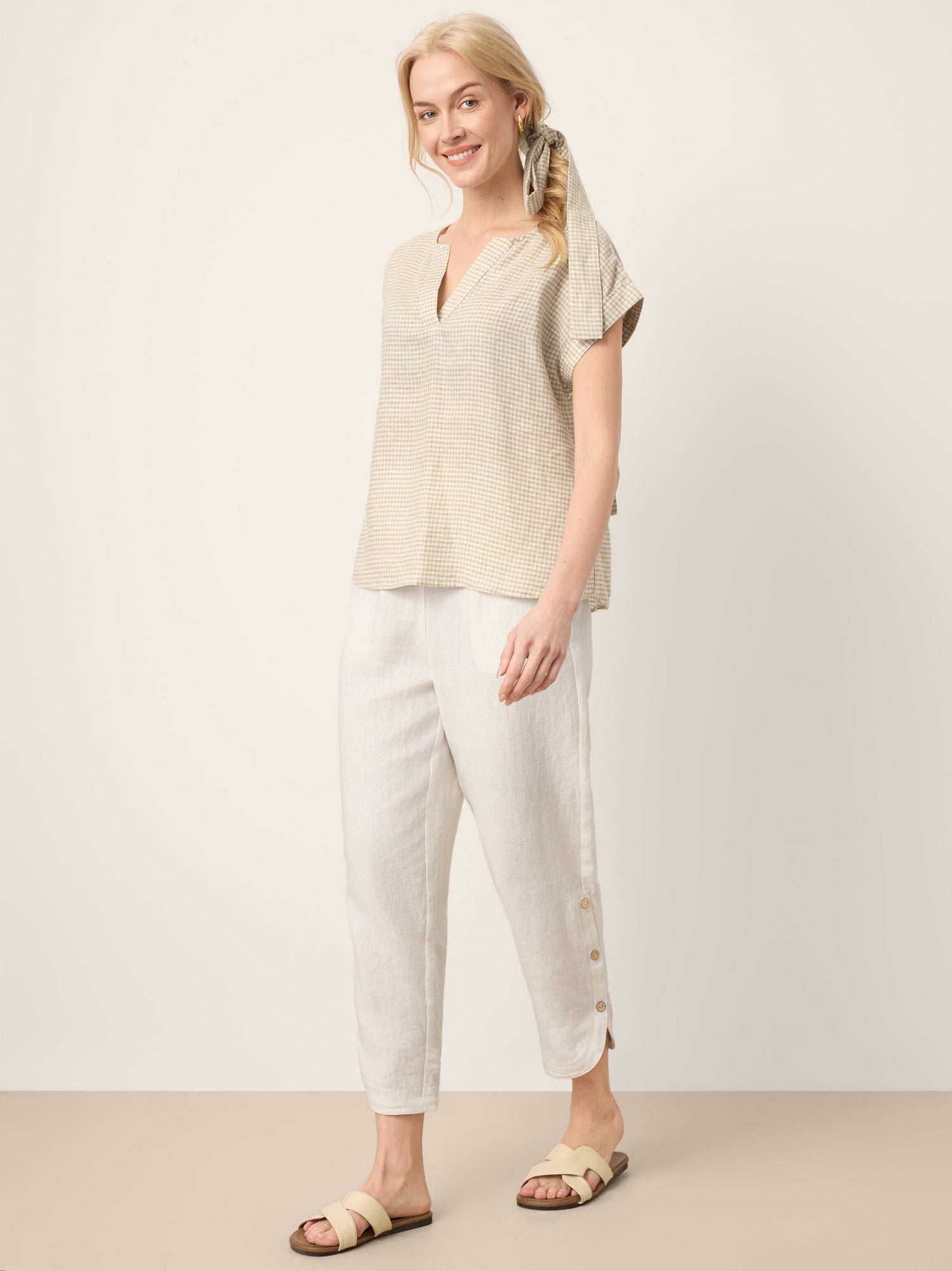 100% Linen Plaid Detachable Tie-Belt Split-Neck Top LEXIE - Glamourous Grace