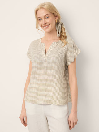 100% Linen Plaid Detachable Tie-Belt Split-Neck Top LEXIE - Glamourous Grace