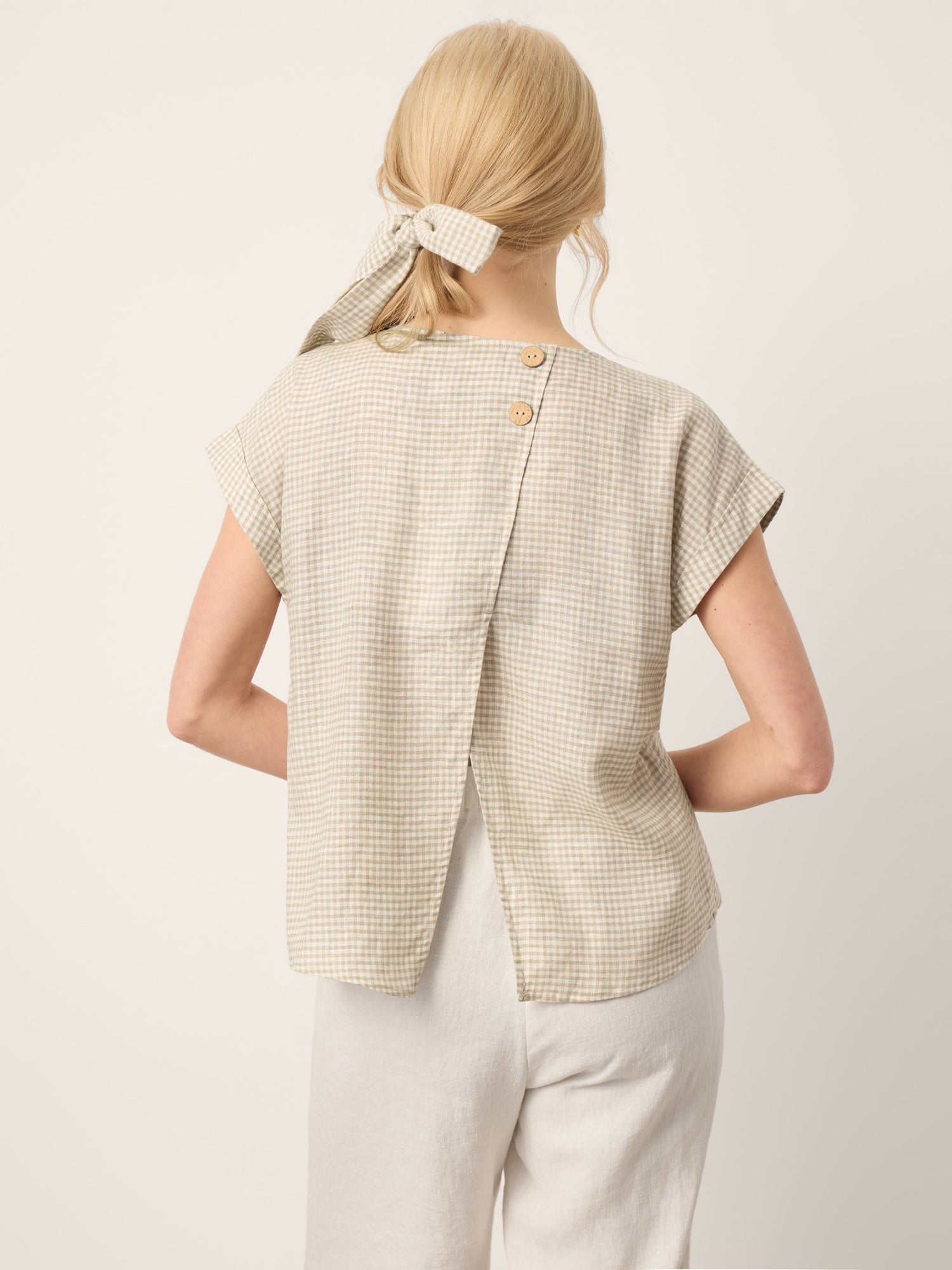 100% Linen Plaid Detachable Tie-Belt Split-Neck Top LEXIE - Glamourous Grace
