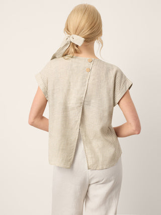 100% Linen Plaid Detachable Tie-Belt Split-Neck Top LEXIE - Glamourous Grace