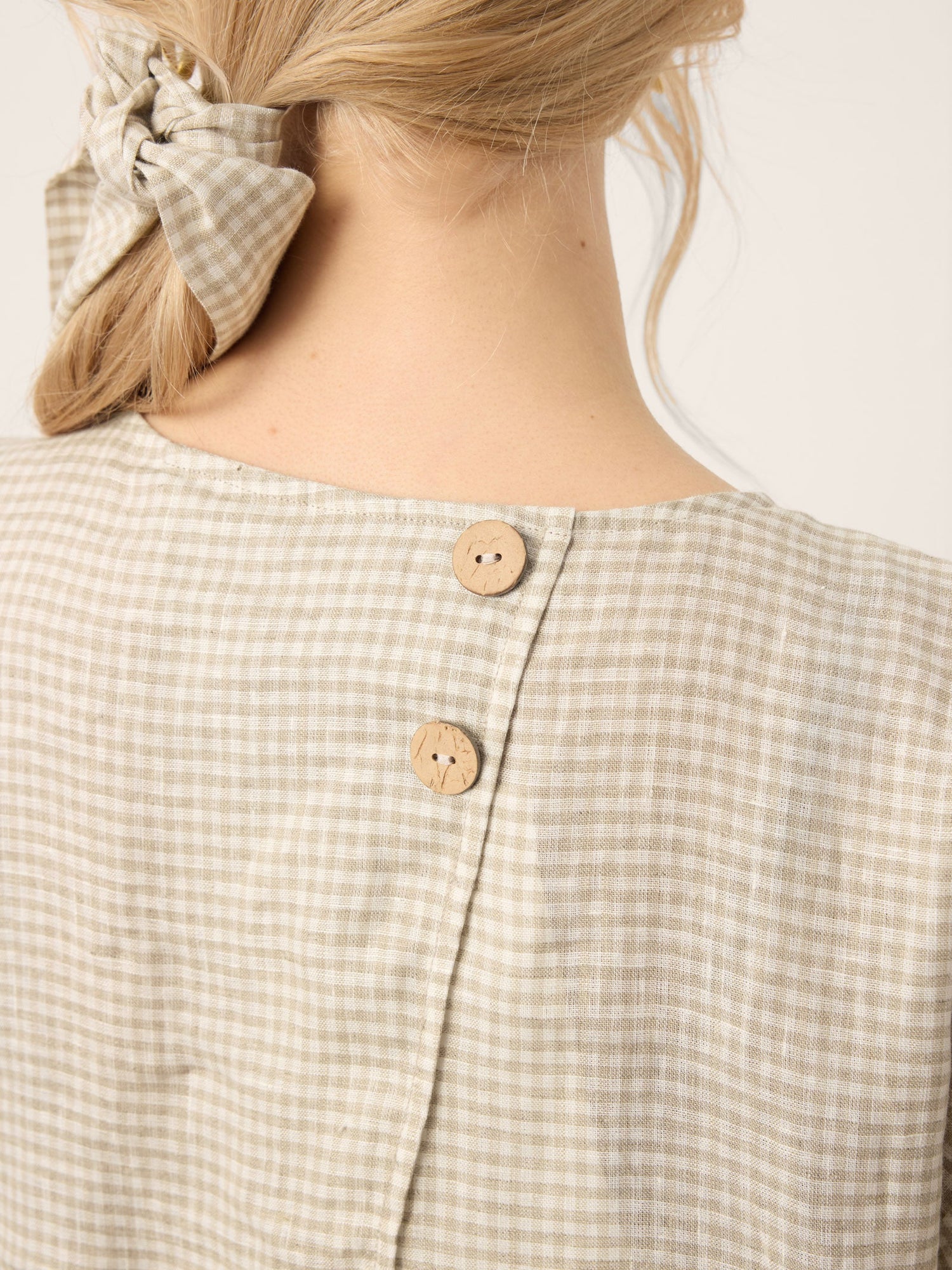 100% Linen Plaid Detachable Tie-Belt Split-Neck Top LEXIE - Glamourous Grace