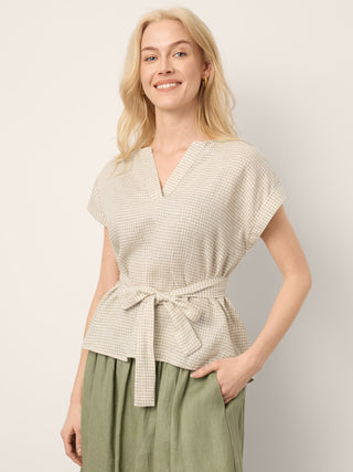 100% Linen Plaid Detachable Tie-Belt Split-Neck Top LEXIE - Glamourous Grace
