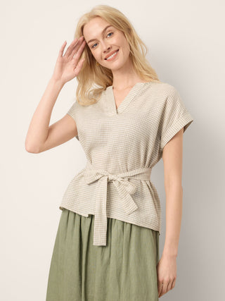 100% Linen Plaid Detachable Tie-Belt Split-Neck Top LEXIE - Glamourous Grace