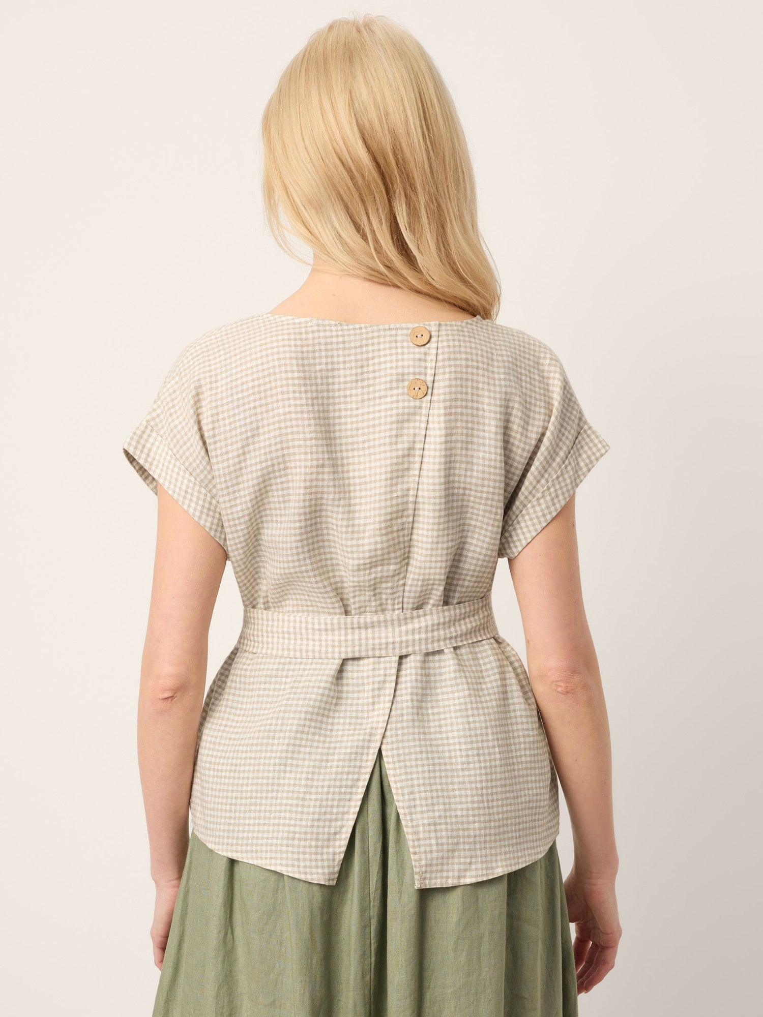 100% Linen Plaid Detachable Tie-Belt Split-Neck Top LEXIE - Glamourous Grace
