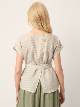 100% Linen Plaid Detachable Tie-Belt Split-Neck Top LEXIE - Glamourous Grace