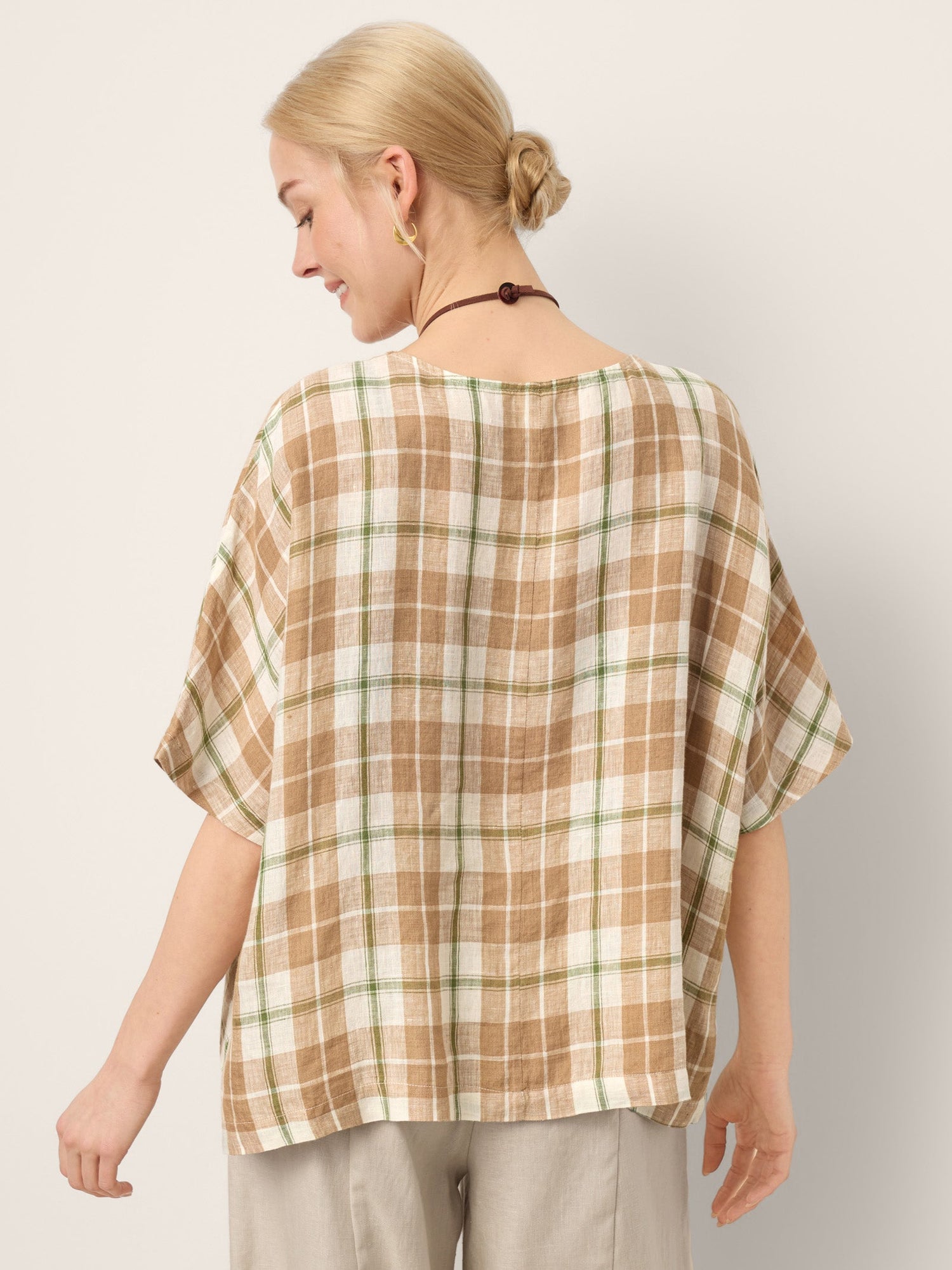 100% Linen Plaid Drop Shoulder Side Slit Top LORNA - Glamourous Grace