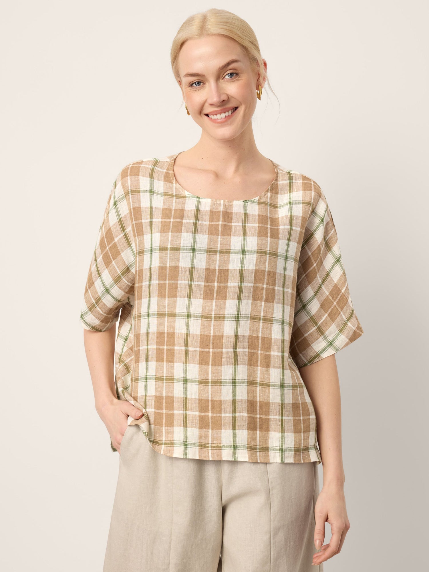 100% Linen Plaid Drop Shoulder Side Slit Top LORNA - Glamourous Grace