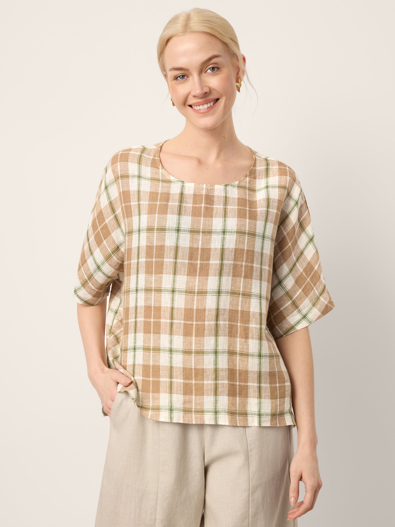 100% Linen Plaid Drop Shoulder Side Slit Top LORNA - Glamourous Grace