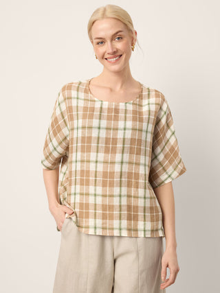100% Linen Plaid Drop Shoulder Side Slit Top LORNA - Glamourous Grace