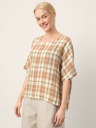 100% Linen Plaid Drop Shoulder Side Slit Top LORNA - Glamourous Grace