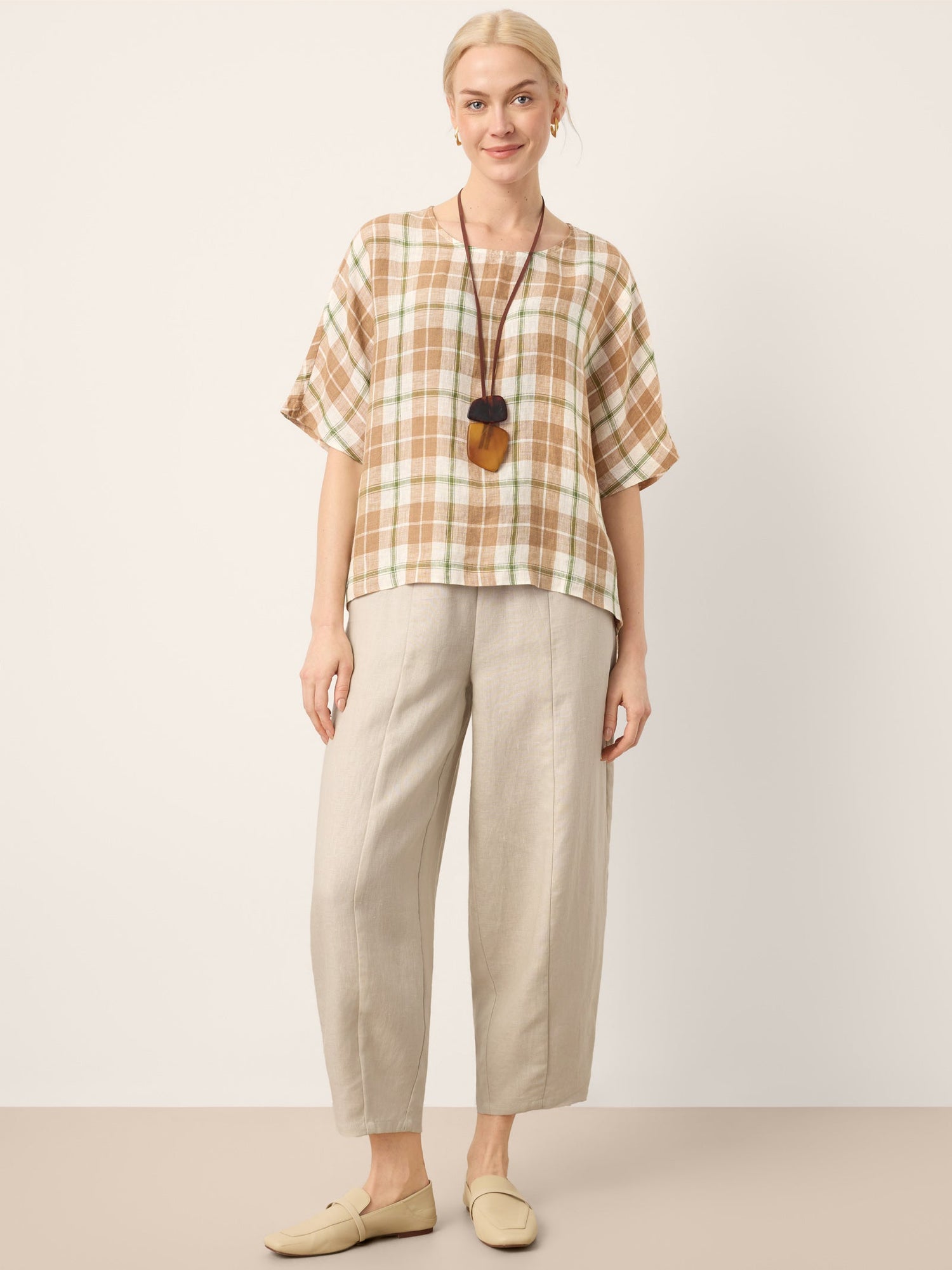 100% Linen Plaid Drop Shoulder Side Slit Top LORNA - Glamourous Grace