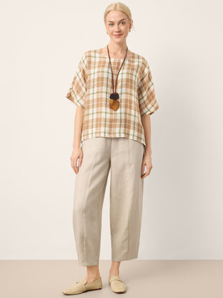 100% Linen Plaid Drop Shoulder Side Slit Top LORNA - Glamourous Grace