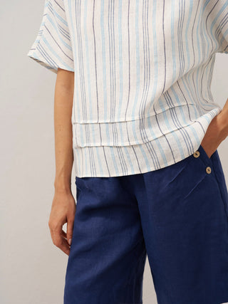 100% Linen Pleated Striped Pullover Top VIA - Glamourous Grace