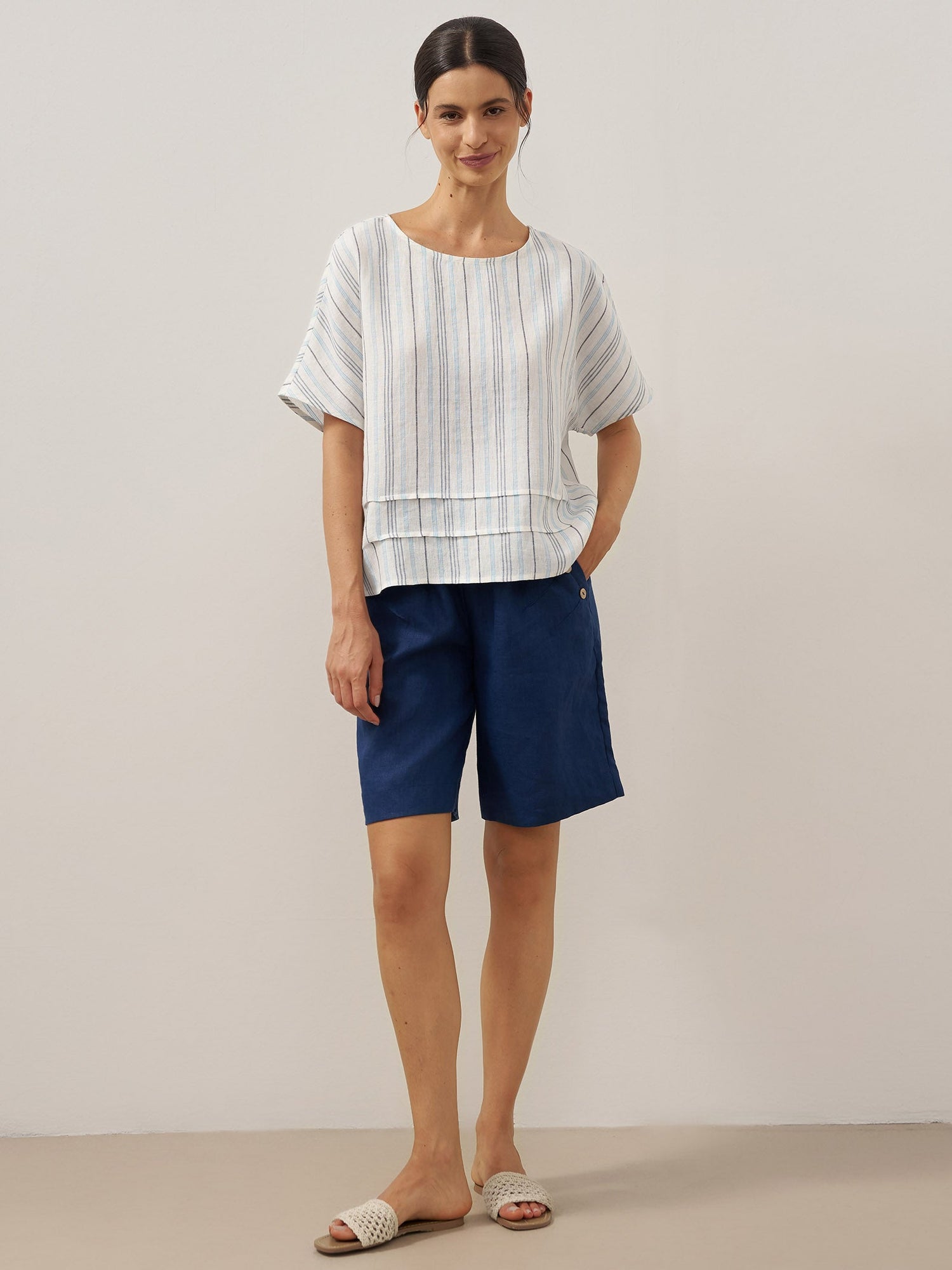 100% Linen Pleated Striped Pullover Top VIA - Glamourous Grace