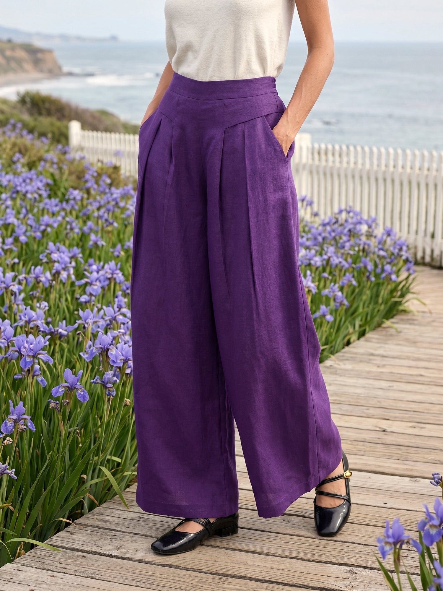 100% Linen Pleated Waist Wide Leg Pants LOUISA - Glamourous Grace
