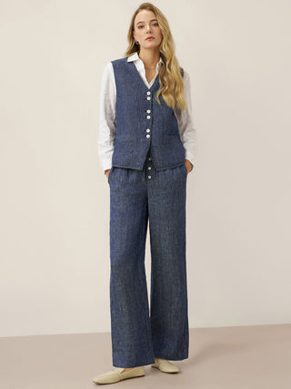 100% Linen Reversible Denim Texture Button Front Vest HARPER - Glamourous Grace