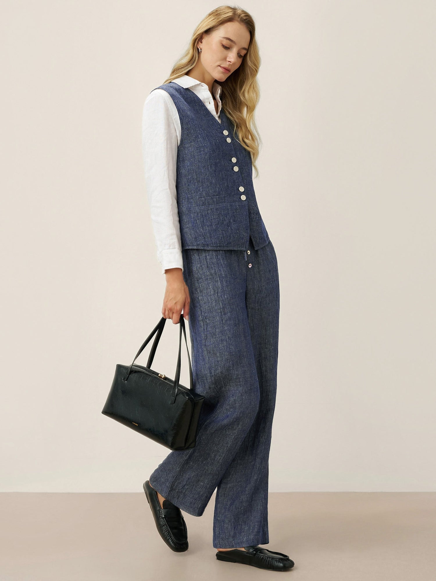100% Linen Reversible Denim Texture Button Front Vest HARPER - Glamourous Grace