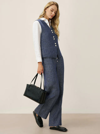 100% Linen Reversible Denim Texture Button Front Vest HARPER - Glamourous Grace
