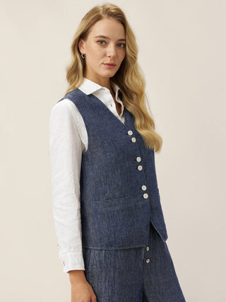 100% Linen Reversible Denim Texture Button Front Vest HARPER - Glamourous Grace