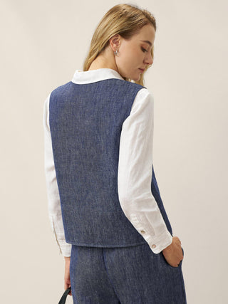 100% Linen Reversible Denim Texture Button Front Vest HARPER - Glamourous Grace