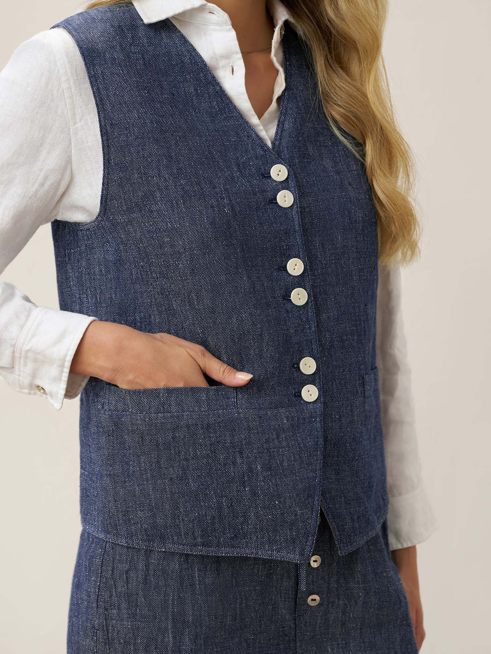 100% Linen Reversible Denim Texture Button Front Vest HARPER - Glamourous Grace