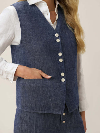 100% Linen Reversible Denim Texture Button Front Vest HARPER - Glamourous Grace