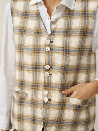 100% Linen Reversible Denim Texture Button Front Vest HARPER - Glamourous Grace
