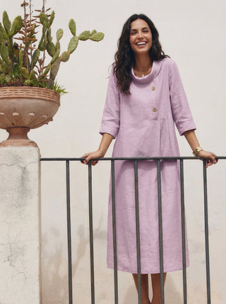 100% Linen Rolled Collar Asymmetric Button Maxi Dress ELARAINE - Glamourous Grace