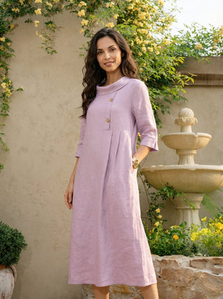 100% Linen Rolled Collar Asymmetric Button Maxi Dress ELARAINE - Glamourous Grace