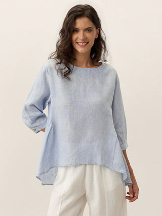 100% Linen Round Neck Artistic Stripe Top FLORENCE - Glamourous Grace