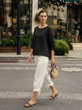 100% Linen Round Neck Asymmetrical Hem Top BRIANNA - Glamourous Grace