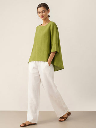 100% Linen Round Neck Asymmetrical Hem Top BRIANNA - Glamourous Grace