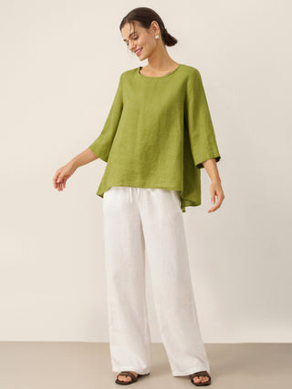 100% Linen Round Neck Asymmetrical Hem Top BRIANNA - Glamourous Grace